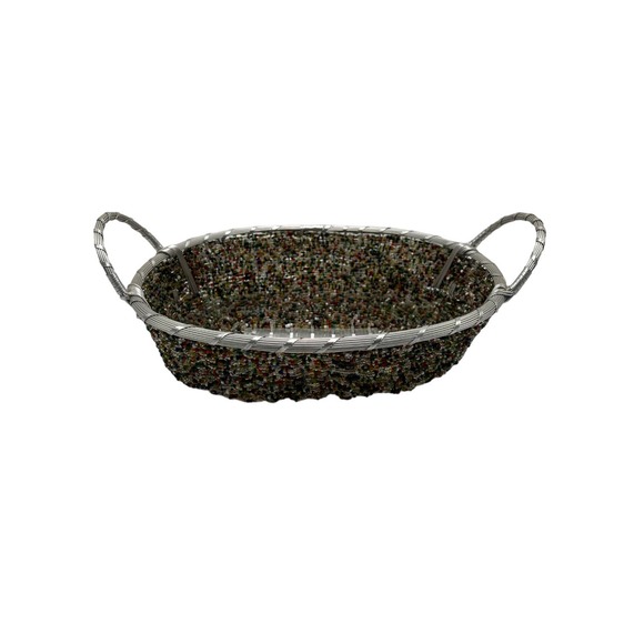 Vintage Large Aluminum and Seed Bead Wire Decorative Basket - Picture 1 of 4